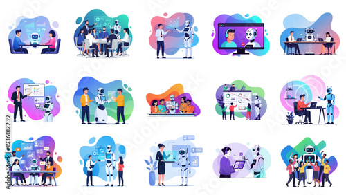 Artificial Intelligence Business Vector Illustration Set. Humans working with AI robots, office collaboration, automation technology, future work concepts for web banners, infographics & landing pages