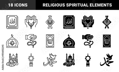 Islamic Religious Iconography Featuring Hybrid Symbolic Combinations Such As Quran Manuscripts Mosque Architecture Moon Crescent And Prayer Rug Details