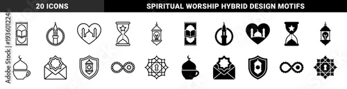 Islamic Religious Hybrid Symbolism Featuring Mosque Minaret Prayer Rug Heart Hourglass and Lantern Combined with Traditional Geometric Patterns