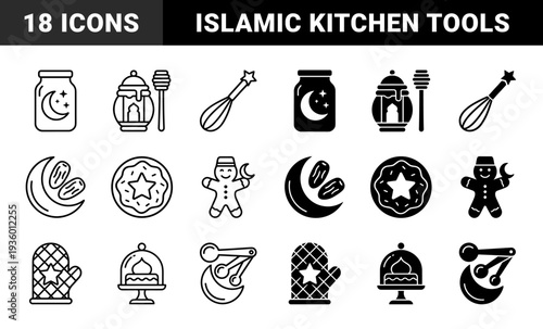 Islamic baking and culinary tools featuring crescent moon and star hybrid motifs for ramadan and eid food preparation in line and solid style