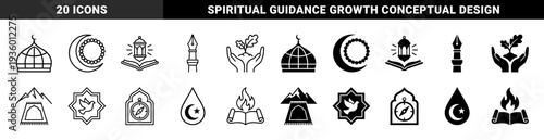 Islamic symbolic hybrid icons merging traditional religious elements like mosques and crescents with nature education and peace metaphors in outline and solid styles