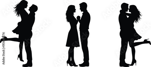 Romantic couple silhouettes hugging and kissing set with man lifting woman and lovers standing together isolated vector illustration for love relationship concept