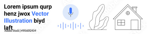 Smart homes, voice control, digital interface, home automation, speech recognition, minimalism. A microphone icon with sound waves next to a minimalist house and plant outline. Voice control