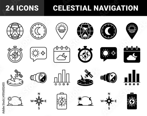 Hybrid celestial navigation and temporal measurement symbols combining hourglass globe moon phase and solar tracking elements in outline and solid styles
