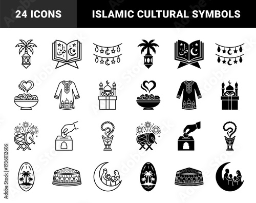 Islamic culture symbol set featuring hybrid motifs of crescent moons mosques and traditional ramadan elements in dual outline and solid styles