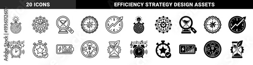 Hybrid time management and productivity symbols merging hourglass clocks with growth leaves lightbulbs and financial data in outline and solid styles