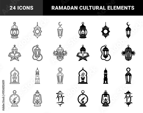 Islamic cultural symbols and ramadan lantern collection featuring hybrid designs with quran holy book mosque minaret prayer beads and kaaba compass