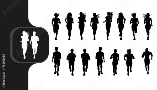 People running in various poses and silhouettes for fitness and sports concepts