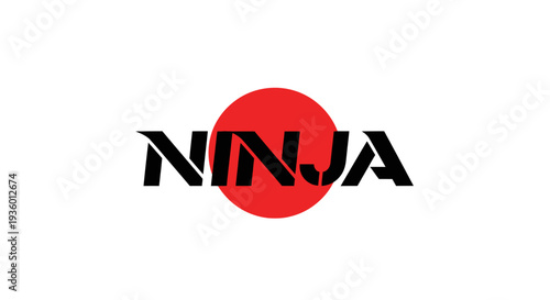 Ninja Logo with Red Circle, Japanese Sun Symbol, Black Text on White Background