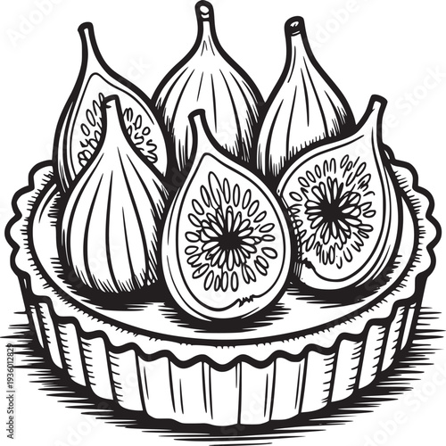 A sketch of a fig tart with whole and halved figs arranged on a decorative crusty tart base