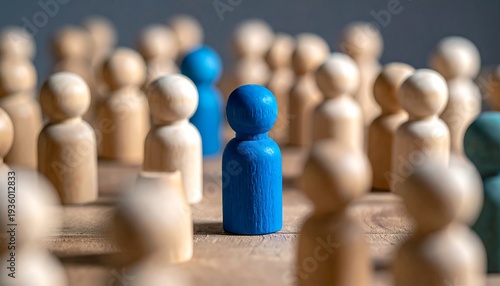 Standing Out - A Blue Figure Among Wooden People.