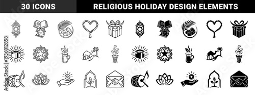 Islamic ramadan cultural symbols featuring hybrid dual line and solid fill designs with kaaba quran dates camel incense and prayer bead motifs