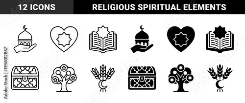 Islamic spiritual hybrid icons featuring mosque dome on hand heart with octagram star and crescent moon wheat symbols in outline and glyph styles