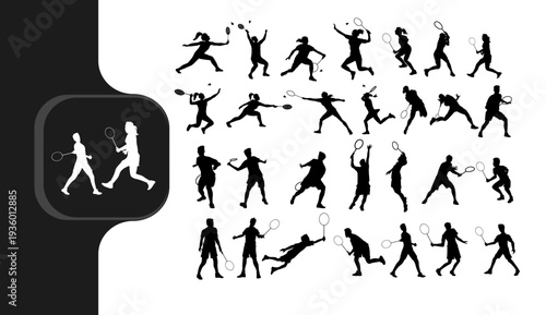 Collection of dynamic badminton players silhouettes in various action poses, perfect for sports and fitness themes