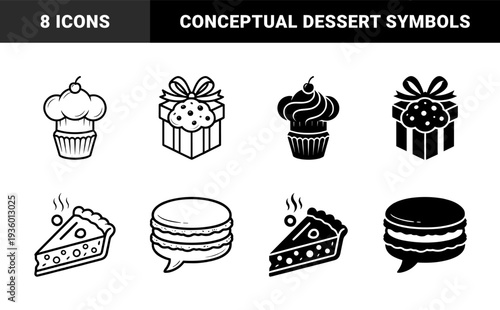 Artisanal bakery hybrid symbol collection featuring nautical flour sack and dessert speech bubble metaphors in outline and solid styles