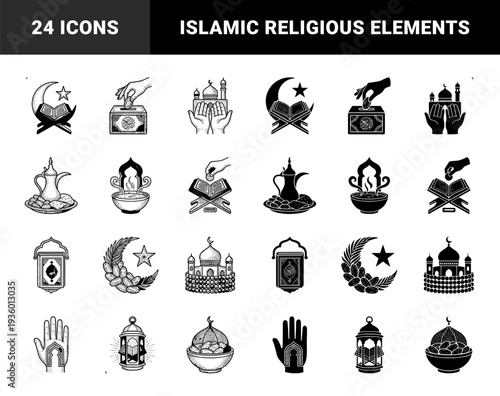 Islamic Ramadan religious symbol set featuring hybrid designs of crescent moon star prayer hand mosque quran and date fruit in woodcut engraving style