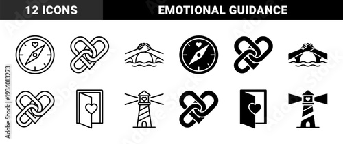 Compass heart lighthouse and bridge hand icons merging guidance with emotional connection symbols in dual outline and solid minimalist styles