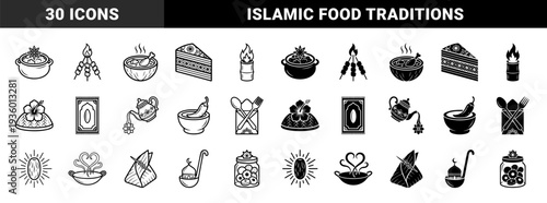 Traditional Islamic Ramadan culinary elements featuring hybrid designs of crescent moons with mosque ladles star anise bowls and decorative prayer rugs