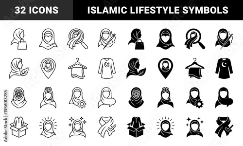Modest fashion and hijab lifestyle hybrid icons featuring conceptual symbols for shopping tailoring sustainability and religious identity in line and solid styles