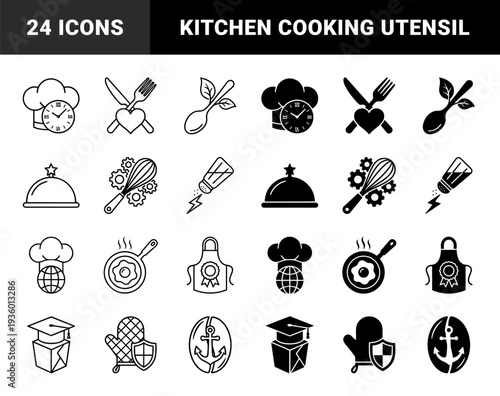 Professional culinary hybrid icons featuring chef hat clock pan egg whisk gear and salt shaker lightning bolt for restaurant management and food preparation