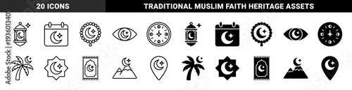Islamic Cultural Symbols Merged with Celestial Moon and Star Elements Featuring Lanterns Prayer Beads Palms and Mountains in Dual Outline and Solid Style