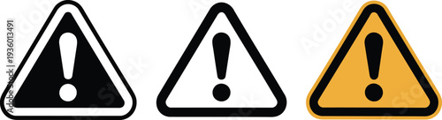 Three warning triangles with different color schemes and exclamation marks inside Vector