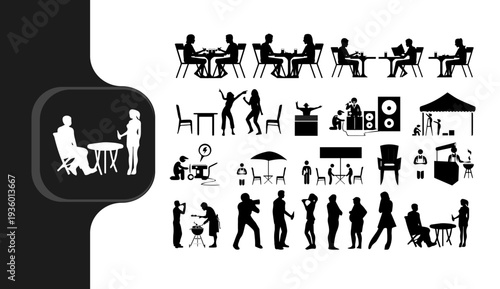Silhouettes of people in various social and work settings with tables and chairs