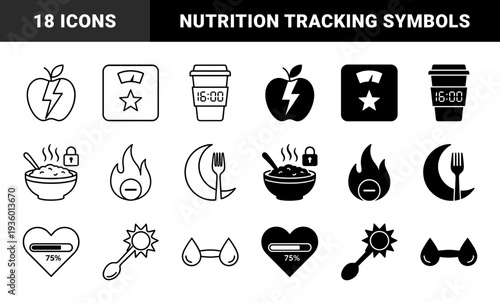 Metabolic health and nutrition icons featuring hybrid symbols like energy apple bowl with lock and sun spoon for fasting and diet tracking