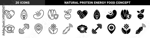 Hybrid organic nut icons merging superfood shapes with wellness symbols including heart peanut bulb almond pistachio shield and barbell walnut