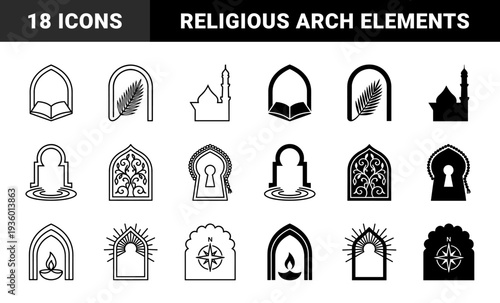 Islamic Architectural Arch Icons Merged with Religious Symbols Including Quran Palm Frond Mosque Minaret Oil Lamp Compass and Incense Burner