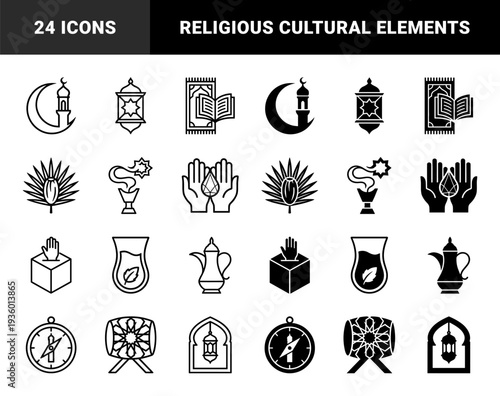 Islamic cultural symbols featuring hybrid designs of mosque minarets with crescent moon prayer rugs with holy book and lantern motifs in line and solid style