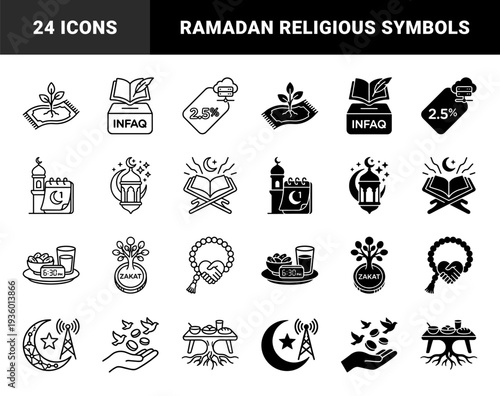 Islamic religious symbols integrated with charitable concepts featuring zakat coins growing into trees prayer rugs as soil and crescent moon communication towers