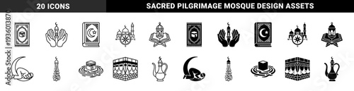 Islamic religious symbols combining traditional elements like the Kaaba and mosque with hybrid concepts such as a prayer compass and crescent moon silhouettes