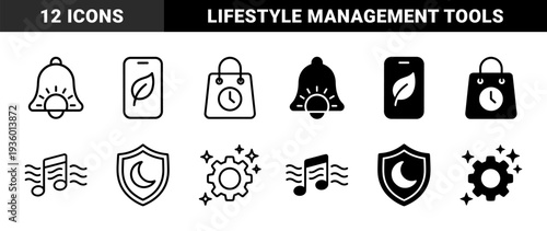 Minimalist hybrid icons featuring bell with sun rays leaf on smartphone shopping bag with clock face moon shield and gear with sparkle stars