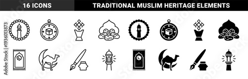 Islamic heritage symbols featuring traditional minaret with prayer beads kaaba compass dates and camel silhouette in dual line and solid style
