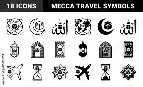 Islamic pilgrimage symbols featuring the Kaaba combined with global travel elements moon crescent and ramadan lantern in linear and solid style