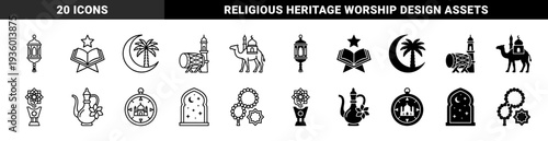 Islamic heritage symbol collection featuring dual line and solid styles with cultural hybrid elements like mosque camel and crescent palm tree