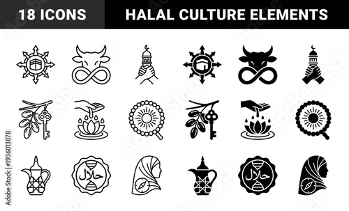 Islamic culture and halal lifestyle hybrid symbols featuring kaaba compass mosque minaret prayer beads dates and arabic teapot in outline and solid style