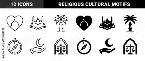 Islamic religious symbols integrated with cultural motifs featuring mosque dome heart qibla compass date palm tree and crescent moon balance scale