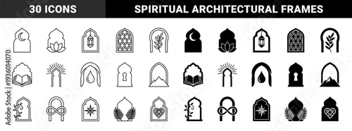 Collection of decorative islamic arch windows with hybrid symbols including moon lotus lantern olive branch book drop keyhole mountain vine infinity star and heart