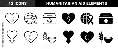 Philanthropy and humanitarian aid symbols featuring heart currency hybrids global awareness ribbons medical donation boxes and hunger relief imagery