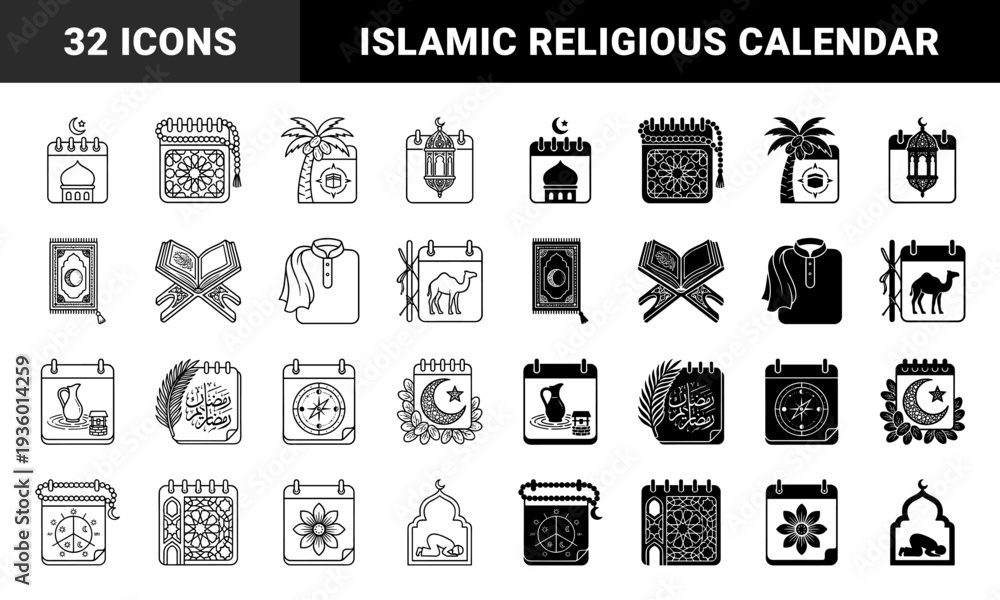Obraz premium Islamic Ramadan Calendar Hybrid Icon Set Featuring Mosque Minarets Prayer Mats Crescent Moons And Arabic Calligraphy In Outline And Solid Styles