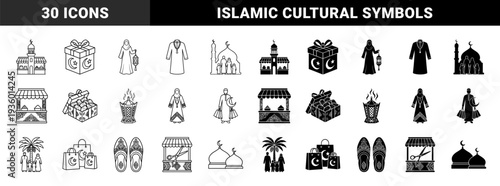 Islamic lifestyle and Ramadan celebration hybrid icons featuring dual line and solid style depicting mosques shopping families and traditional gifts