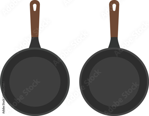 Pair of black skillets with wooden handles displayed side by side Vector