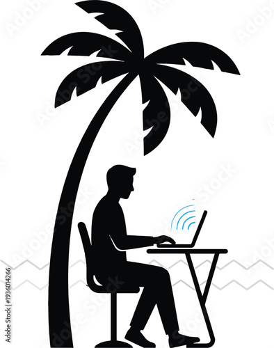 Man working remotely under palm tree with laptop