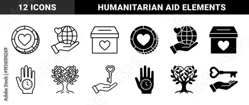 Charity and philanthropy hybrid icons combining heart shapes with donation boxes world globes currency coins and growth trees in outline and solid styles