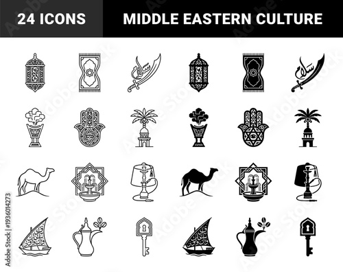 Traditional Middle Eastern Culture Icons featuring Arabic Calligraphy Sword and Geometric Hamsa Hand with Decorative Lantern and Camel Symbols