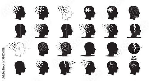 Mental Health and Cognitive Decline Concept Icons Showing Brain Fragmentation, Memory Loss and Recovery