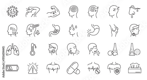 Medical Symptoms Line Icons Set — Health, Illness and Respiratory Symptom Outlines for Medical Use