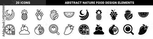 Abstract fruit hybrid symbols merging organic produce with geometric shapes featuring banana moon pineapple gear strawberry leaf and mango star